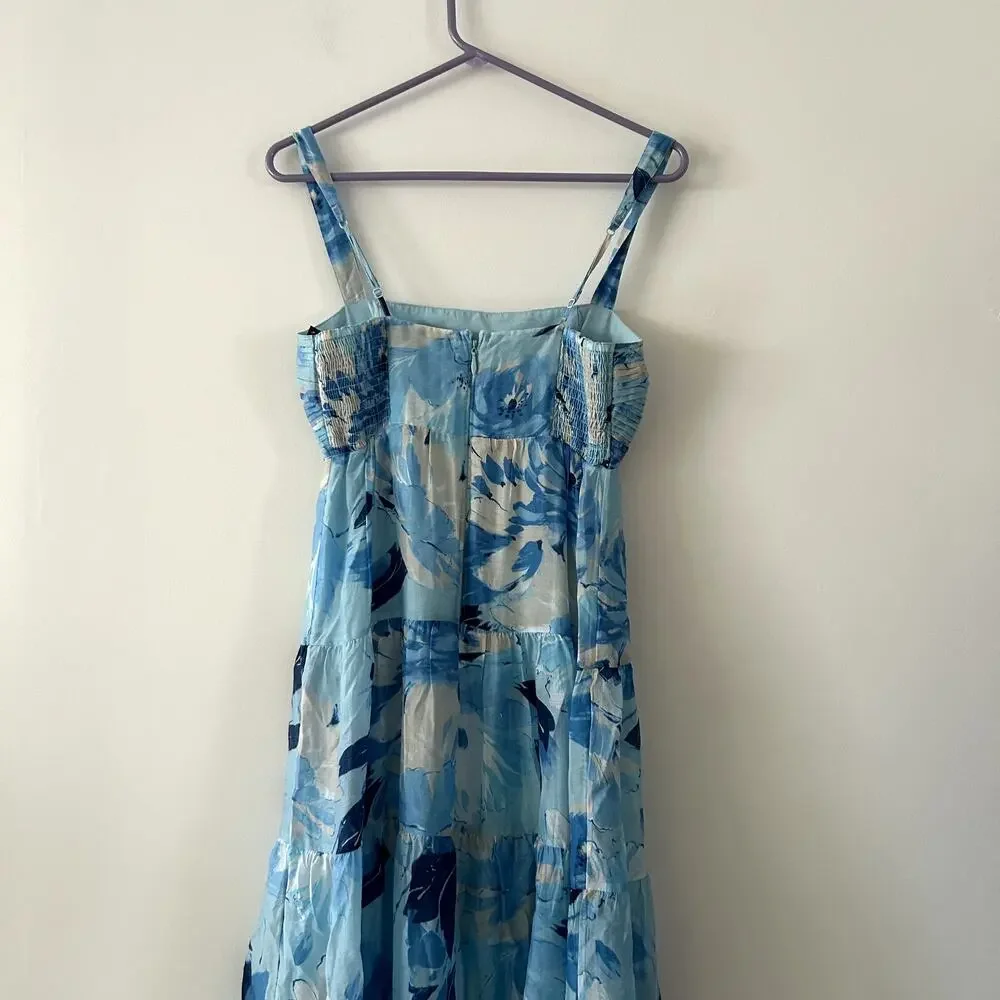 Abercrombie & Fitch Blue Print Ruched Tiered Babydoll Maxi Dress Size S NWT